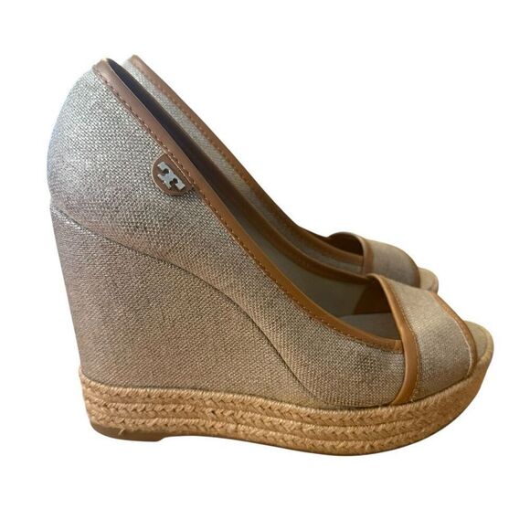 Tory Burch Majorca Linen Open Toe Wedge Heel Size 37 - Picture 1 of 11